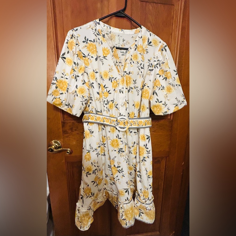 Joie Yellow Floral Midi Dress with Belt
